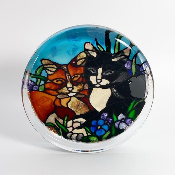 Joan Baker Designs Hand Painted Tiffany Cat Stained Glass Paperweight, Desk/ Office Accessory