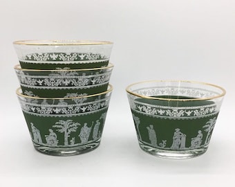 Vintage Jeannette Glass Hellenic Green Jasperware Dessert Serving Bowls, Gold Rim, Set of 4