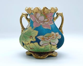 Antique Nippon Coralene Double Handled Water Lily Bud Vase, US PATENT NBR912171, 1900s