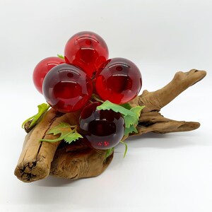 Red Lucite Oversized Grape Cluster on Natural Driftwood Stem, Sculpture, Collectible