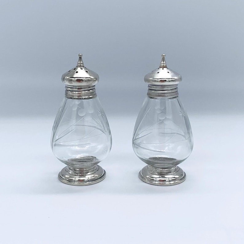 Sterling Silver and Etched Glass Salt and Pepper Shakers image 1