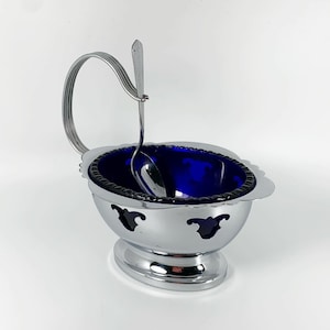 Vintage Faber Bros Krome Kraft Chrome Plated Cutwork Relish/Jam/Sugar Dish with Cobalt Glass Liner and Silver Plated Spoon