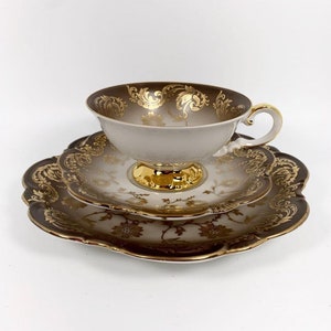 Vintage Bavaria Eberthal Trio Set: Gold Floral Footed Cup and Saucer