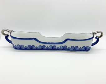 Vintage Bombay Company Blue & White Silverware Caddy with Silver Trim