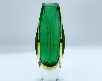 Vintage Murano Sommerso Art Glass Vase: Green & Yellow Faceted Decor