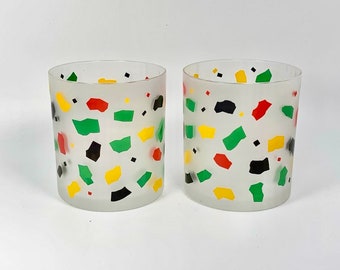 Vintage Katja for Prisma Japan Mardi Gras Double Old Fashioned Glasses, Drinkware, Barware, Vibrant Colors, Set of 2