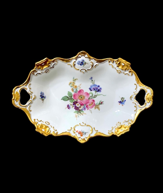 Alka Kunst Bavaria Floral Serving Platter: 22K Gold Gilded Bowl