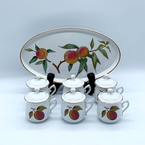 Royal Worcester Evesham Gold Pot De Creme Set: Fruit Design, 7-Piece