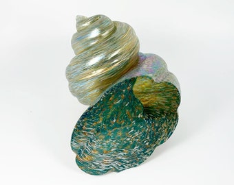 Vintage 2000 Signed Cohn Stone Iridescent Art Glass Seashell Paperweight Sculpture, Marine Life, Desk Accessory