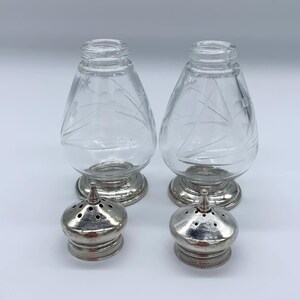 May include: A set of two clear glass salt and pepper shakers with etched designs. The shakers have silver tops with a small hole for dispensing salt and pepper.