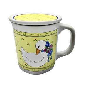 Vintage Giftco Country Goose Duck Coffee Mug with Lid/Coaster, Blue Ribbon with Flowers, Yellow