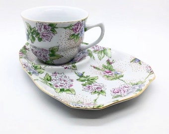 Nantucket Home Porcelain Floral Design Cup and Snack Plate Set with Gold Trim