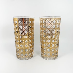 Vintage Culver Cannella Highball Glasses: Gold Cane Pattern, Set of 2
