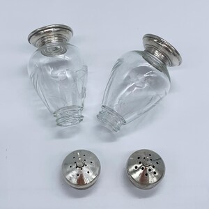 May include: A set of two silver-plated salt and pepper shakers with clear glass bodies and silver-plated tops. The shakers have a fluted design and are in good condition.