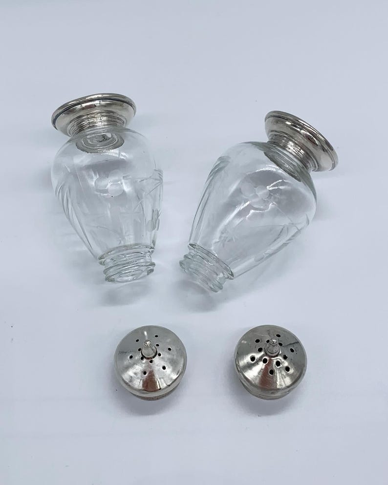 May include: A set of two silver-plated salt and pepper shakers with clear glass bodies and silver-plated tops. The shakers have a fluted design and are in good condition.