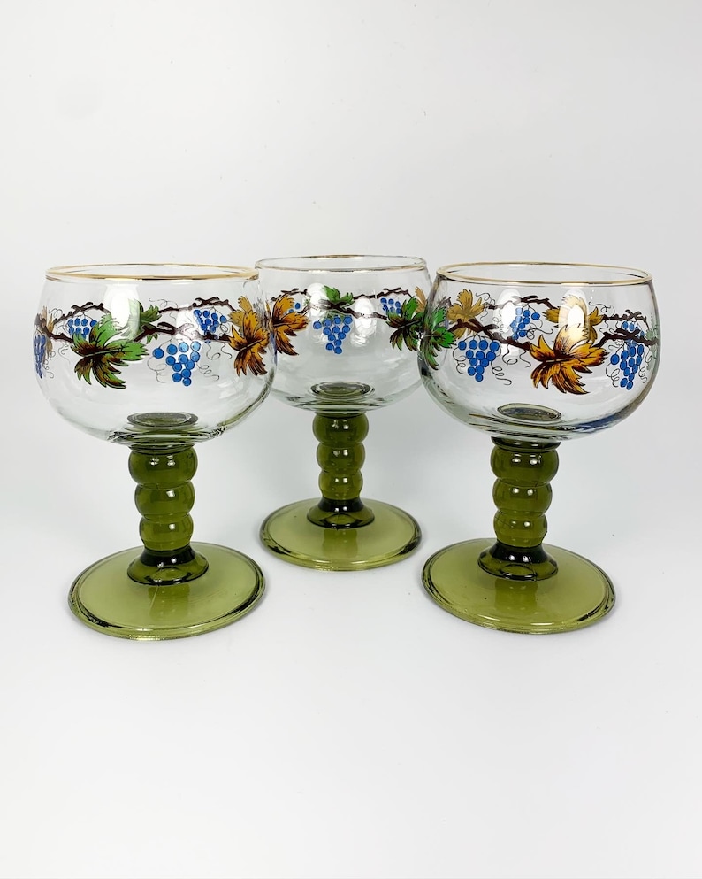 Vintage German Roemer Wine/Cordial Glasses, Olive Green Bubble Stem, Grape Vines/Foliage, Gold Trimmed Rim,