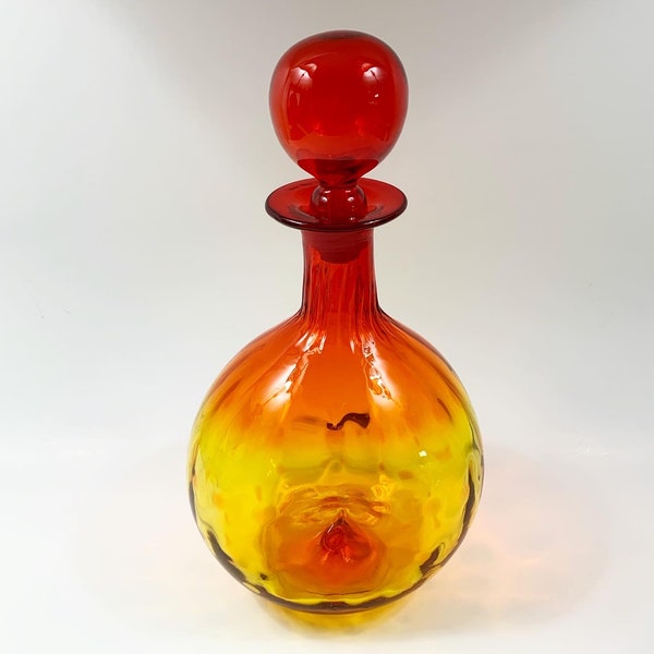Vintage Hand Blown Art Glass Amberina/Tangerine Pinched/Inverted Design Decanter with Flared Rim and Ball Stopper, Unmarked