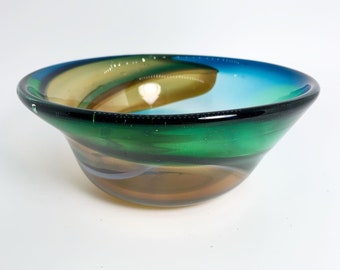 1981 Vintage C. Zochou Signed Hand Blown Art Glass Bowl, Decorative Bowl, Green, Amber and Lapis Blue