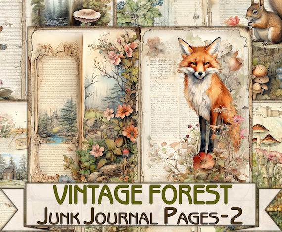 Vintage Forest nature Junk Journal picture collage-2,fantasy forest animals