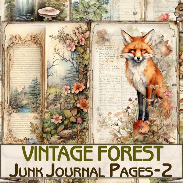 Vintage Forest naturaleza Junk Journal collage de imágenes-2, animales del bosque de fantasía