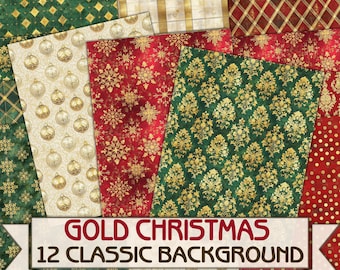 Vintage Gold classic Christmas Backgrounds,Collage Sheets,xmas Printable 12 Pages