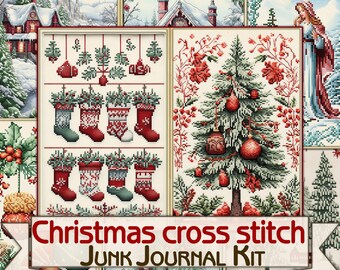 Christmas cross stitch Junk Journal Kit,Printable Collage Pages