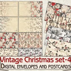 Vintage Weihnachtsumschläge druckbares Set-4, digitaler Umschlag und Postkarte