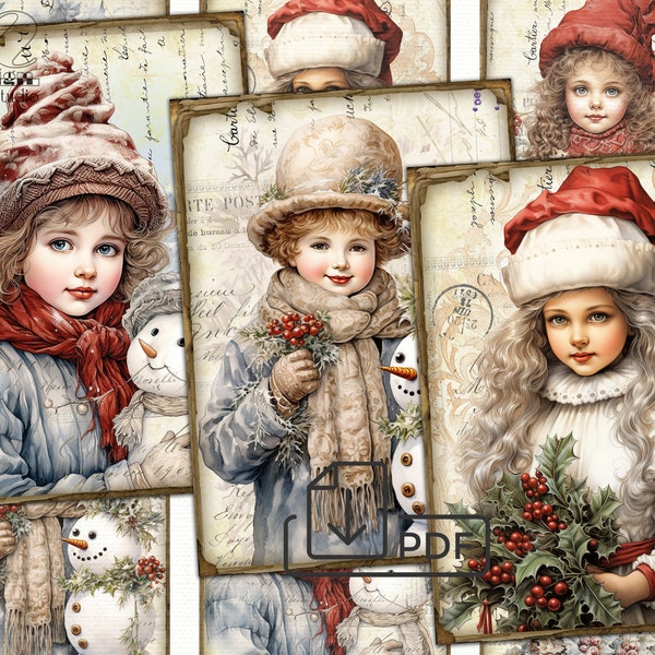 Christmas Girl picture collage printable cards atc,xmas decoupage digital papers set