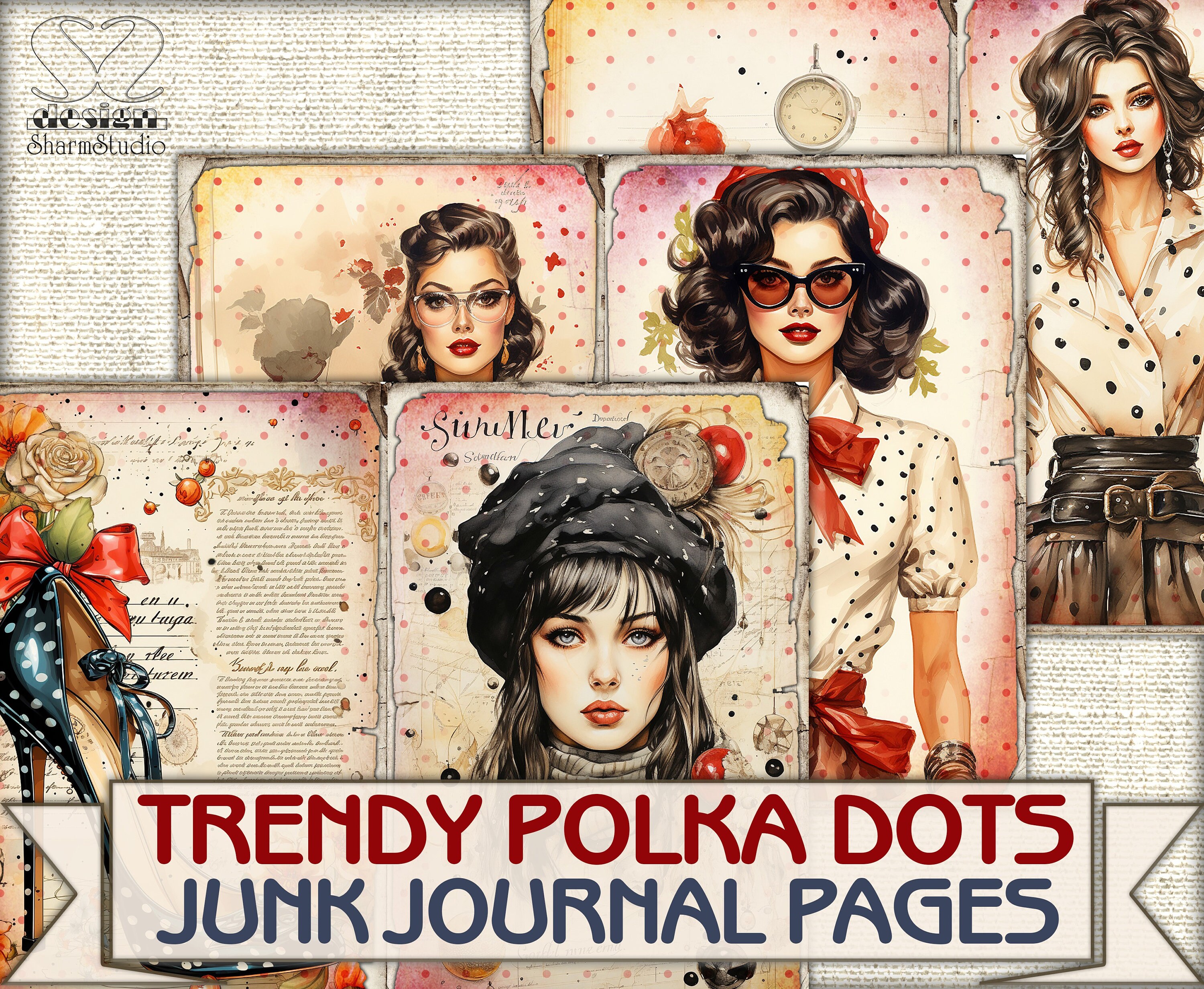 Vintage Trendy Polka Dots Junk Journal Kit, Collage 50s Fashion Pages ...