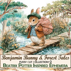 Pode incluir: Ilustração de Benjamin Bunny de Forest Tales de Beatrix Potter. Benjamin Bunny usa um chapéu verde, camisa azul e jaqueta marrom, carregando um saco xadrez. Ele está em pé em uma ponte de madeira sobre um riacho.