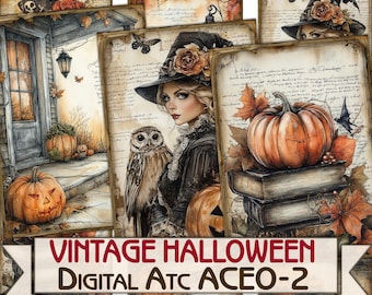 May include: Vintage Halloween digital collage sheet with images of a witch, an owl, pumpkins, and a book. The sheet is designed for use in art journaling, scrapbooking, and other paper crafts.
