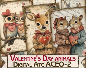 Könnte beinhalten: Vier digitale druckbare Bilder mit Valentinstags-Tieren. Die Bilder zeigen ein Paar Eulen, die Herzen halten, ein Reh mit einem Herzen und zwei Eichhörnchen, die Herzen halten. Die Bilder sind im Vintage-Stil mit einem verwitterten Hintergrund.