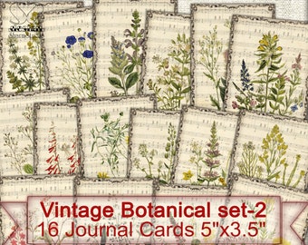 Vintage Botanical cards set-2, Digital Collage Sheet Flowers,Junk Journal Ephemera