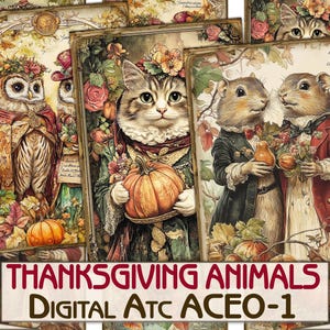 Cartões para impressão de colagem de fotos de animais de Ação de Graças vintage atc + BÔNUS, conjunto de papéis digitais para decoupage-1