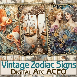 Astrologie vintage Signes du zodiaque Collage Cartes numériques imprimables Atc ACEO