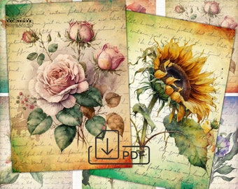 Shabby chic digital cards watercolor Flower Collage Sheet,Atc ACEO printable