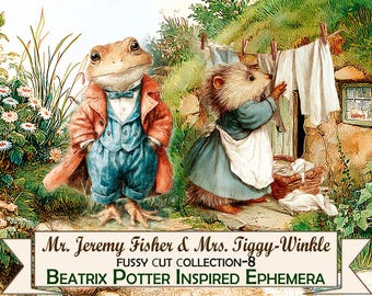 Beatrix Potter Inspired Ephemera:Mr. Jeremy Fisher & Mrs. Tiggy-Winkle Fussy Cut, Digital Download