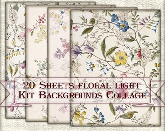 Vintage Kit Backgrounds Botanical print,Collage Sheets floral light,Printable 20 Pages