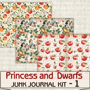 Puede incluir: Un kit de diario de chatarra digital imprimible con tres dise&ntilde;os diferentes con un tema de Blancanieves. Los dise&ntilde;os incluyen un patr&oacute;n de lunares blancos y manzanas rojas, un patr&oacute;n floral con Blancanieves y un patr&oacute;n floral con Blancanieves y los enanitos. El texto "Princess and Dwarfs Junk Journal Kit - 1" est&aacute; en la parte inferior de la imagen.