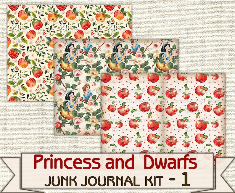 Puede incluir: Un kit de diario de chatarra digital imprimible con tres dise&ntilde;os diferentes con un tema de Blancanieves. Los dise&ntilde;os incluyen un patr&oacute;n de lunares blancos y manzanas rojas, un patr&oacute;n floral con Blancanieves y un patr&oacute;n floral con Blancanieves y los enanitos. El texto "Princess and Dwarfs Junk Journal Kit - 1" est&aacute; en la parte inferior de la imagen.