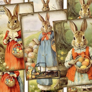 Cartões imprimíveis com imagens digitais de colagem de coelhinho da Páscoa vintage Atc ACEO-6