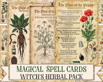 Magical Herbal Spell Cards, Witchy ATC Cards Printable, Grimoire Kit Digital Download
