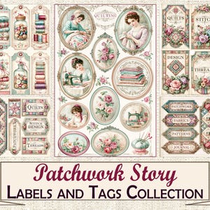 Puede incluir: Una colección de etiquetas y pegatinas decorativas de papel con ilustraciones de artículos de costura, arreglos florales y personas creando. El texto incluye palabras como Quilting, Stitch, Design, Threads, Patchwork, Fabrics, Patterns y Journal.
