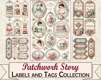 Patchwork Story Labels and Tags Collection, Printable Quilt Ephemera, Digital Junk Journal Embellishments, Sewing Theme Tags