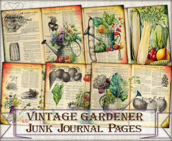 Vintage gardener junk journal Pages,digital garden plant journal collage kit
