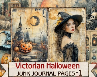 May include: A set of six digital printable pages for junk journaling with a Victorian Halloween theme. The pages feature images of a witch, a haunted castle, pumpkins, and other spooky elements.