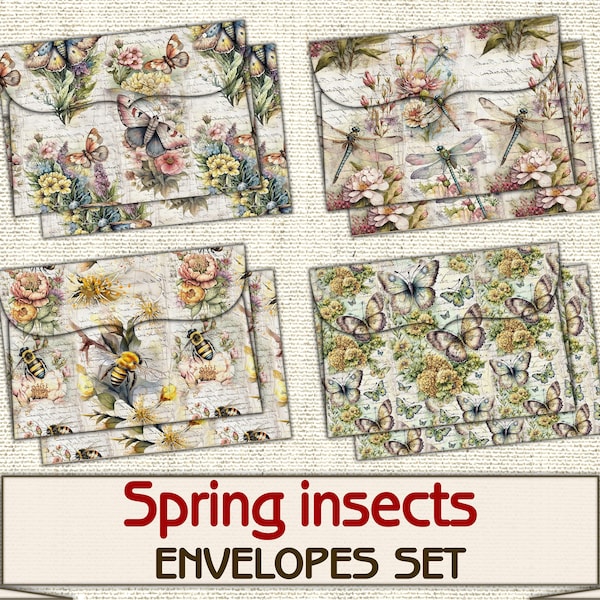 Vintage Spring insects printable envelopes set Printable,envelope template