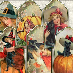 Vintage Halloween old ephemera gift tags,junk journal collage pages