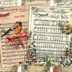 Imagem digital de Natal vintage, colagem de partituras antigas, cartões para impressão Atc ACEO