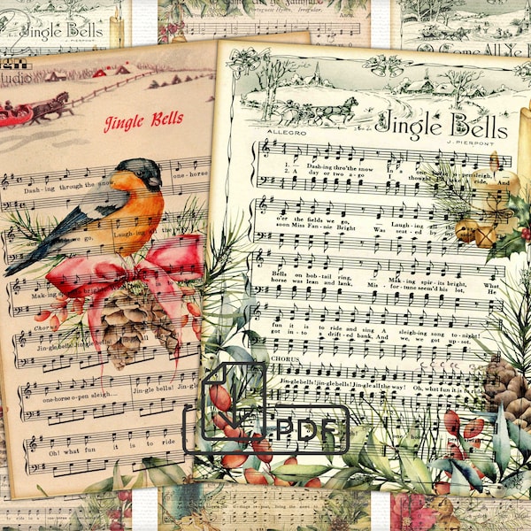 Vintage Christmas Digital picture Old Music Sheet collage printable cards Atc ACEO
